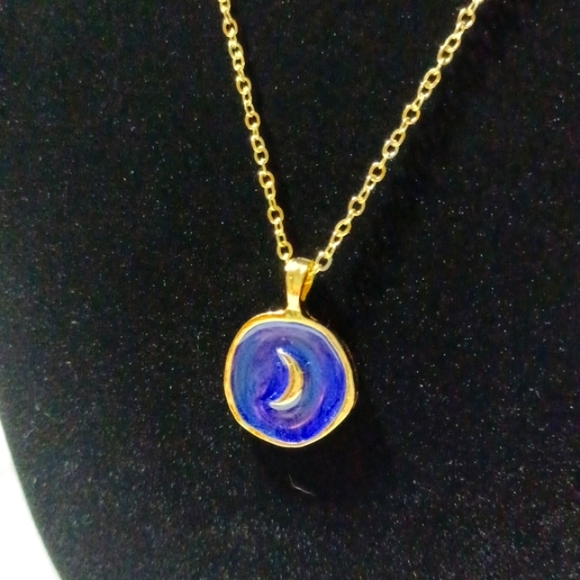 Oil drop blue crescent moon necklace gold pendant charm handmade jewelry - Picture 4 of 5